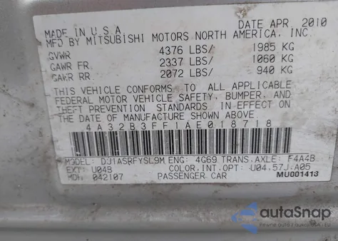 2010 Mitsubishi Galant Es/Se z USA, uszkodzony, nr VIN 4A32B3FF1AE018718